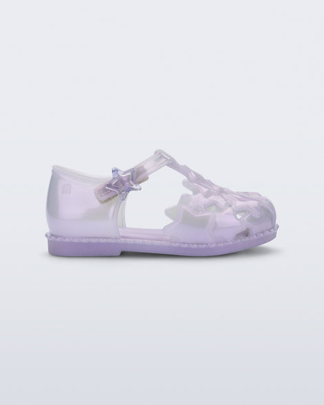 Side view of a pearly lilac Starry baby sandal