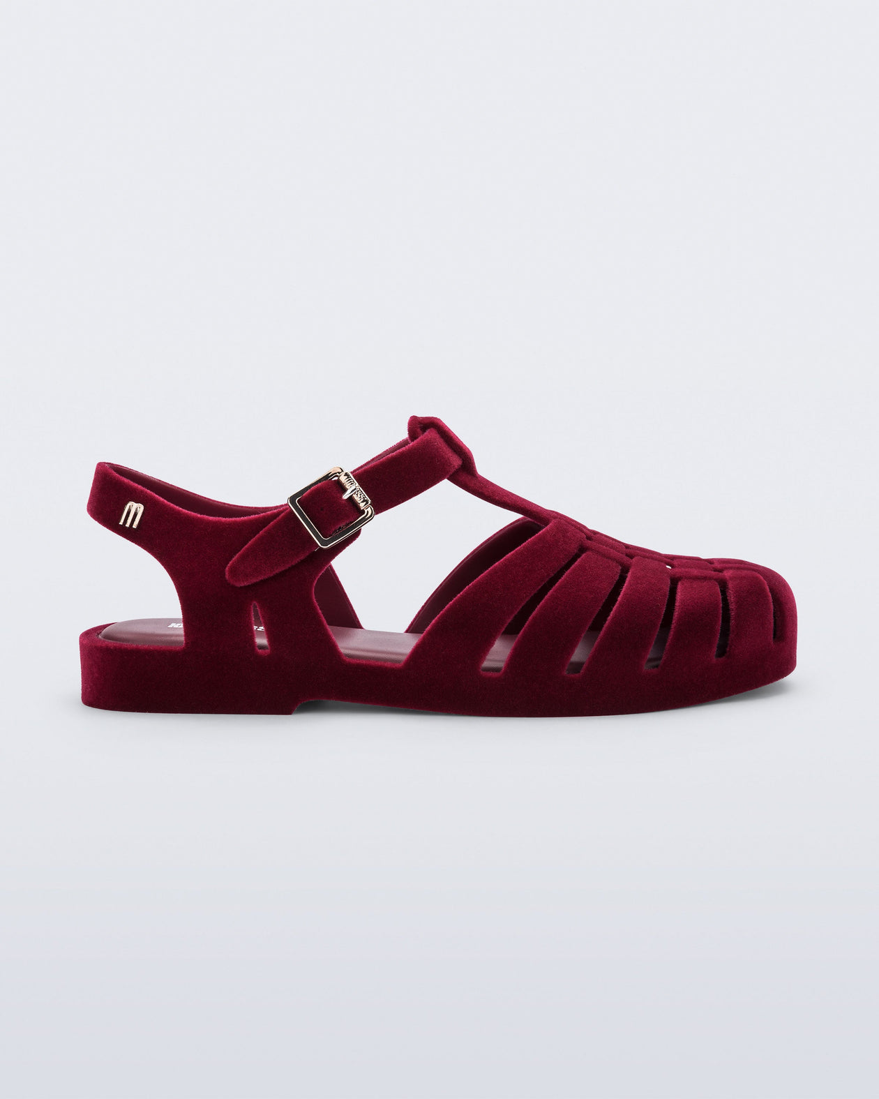 Side view of a flocked red Possession Velvet fisherman sandal