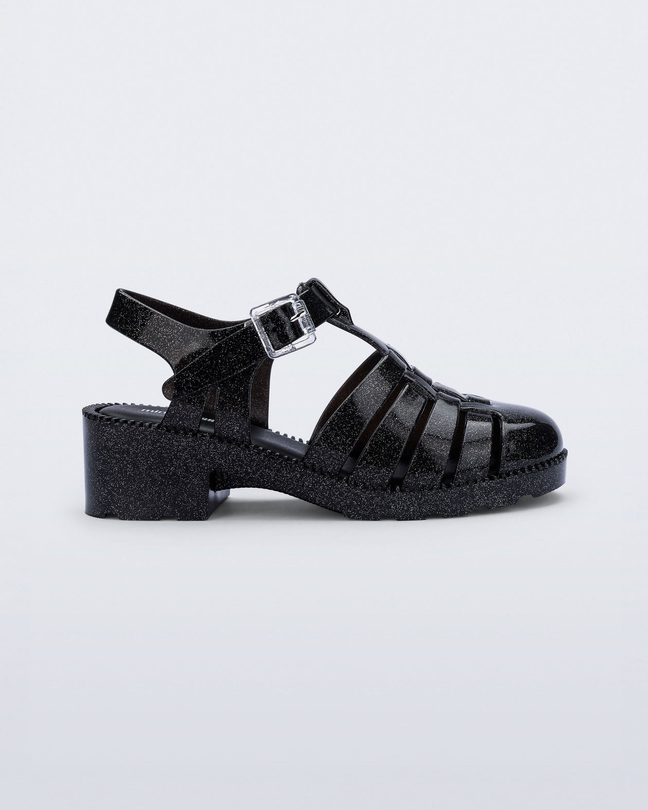 Side view of a pearly black Possession Heel kids fisherman sandals