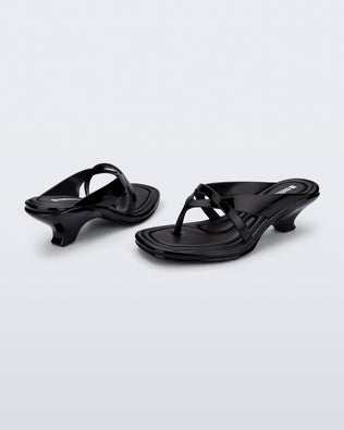 Back and side view of a pair of black Layla kitten heel flip flops