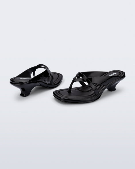 Back and side view of a pair of black Layla kitten heel flip flops
