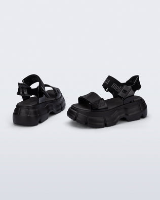 Back and side view of a pair of black Pulse platform sandals with straps