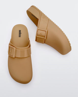 Side and top view of a dark beige Cozy Clog