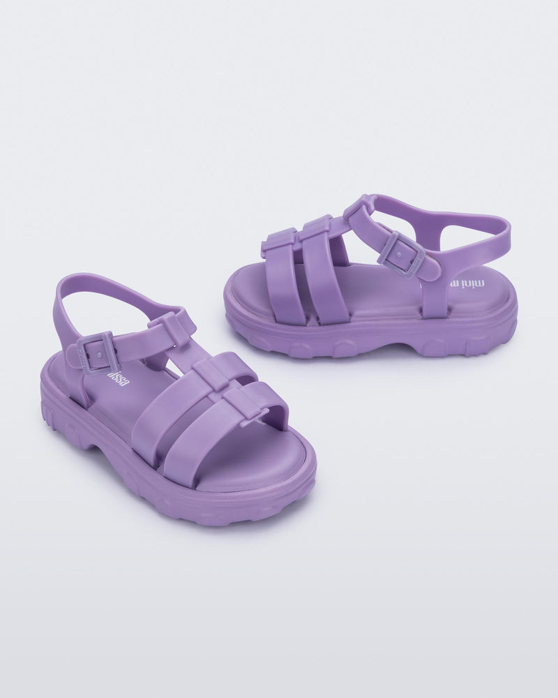 Side and angled view of a pair of lilac Ella baby sandals