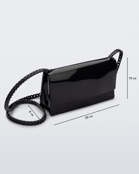 Angled view of the Melissa party handbag in black with measurements of 20 cm width, 10 cm height, 6 cm depth