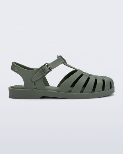 Side view of dark green Possession fisherman sandal