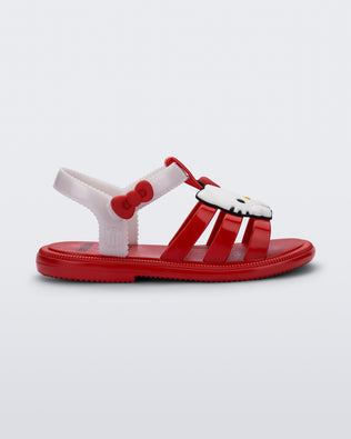 Side view of a red Hip + Hello Kitty and Friends sandal with white ankle strap and Hello Kitty on upper