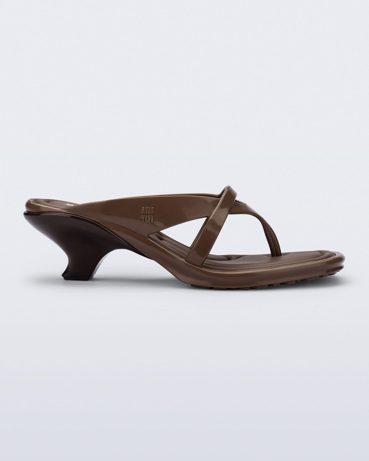 Side view of a brown Layla kitten heel flip flop