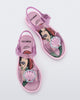 Top view of a pair of glitter pink Mini Melissa Mar Sandal Princess sandals with a seashell detail on the front strap, an ankle strap and Princess Ariel soul