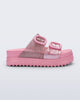 Side view of a pink Cozy Platform kids slide with two straps with buckles, one clear glitter the other pearly pink
