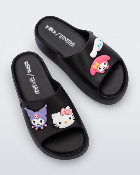 Top view of a pair of black Hello Kitty + Friends Free Platform with Hello Kitty and Friends on upper