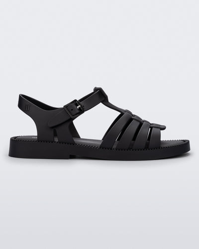 Side view of a matte black Possession Fresh fisherman style sandal with open toe