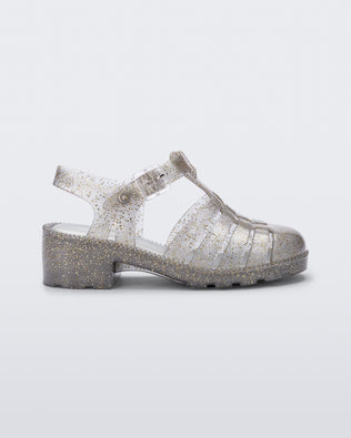 Product element, title Possession Heel in Clear/Glitter Gold
 price $79.00