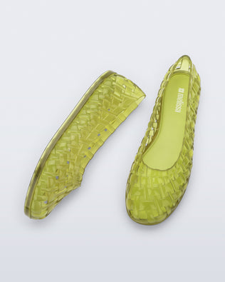 Top and side view of a pair of clear green Possession Ballerina flats