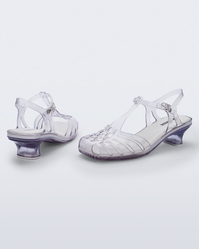 Back and side view of a pair of clear Vixen Kitten Heel sandals