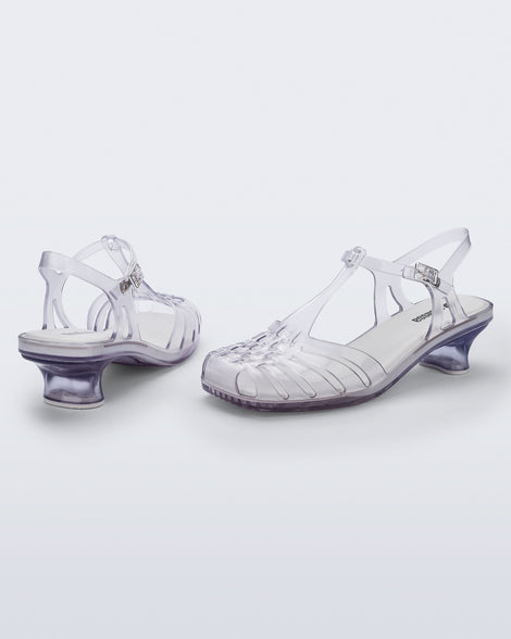 Back and side view of a pair of clear Vixen Kitten Heel sandals