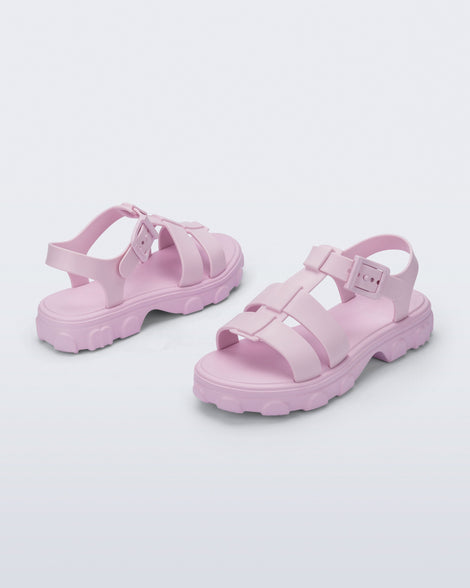 Back and angled view of a pair of pink Ella sandals