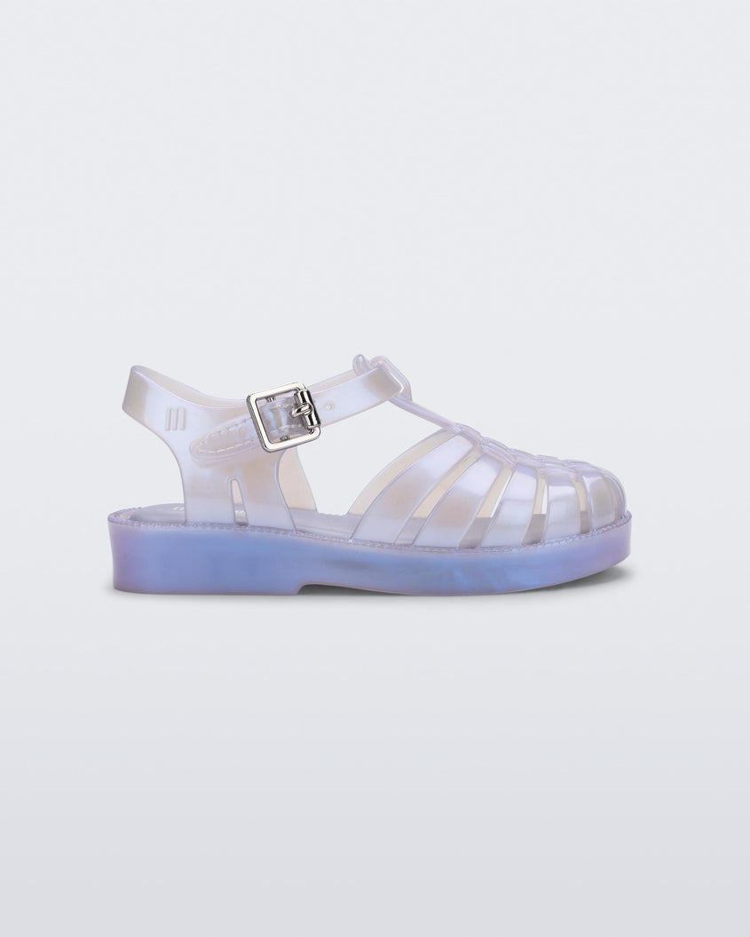 Side view of a pearly blue Mini Melissa Possession sandal with a fisherman sandal design
