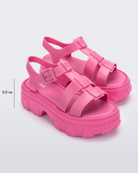 Front view of a pair of pink Ella women's platform sandals showing the platform height at 5.5 cm