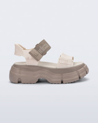 Side view of a beige Pulse platform sandal with greige top strap