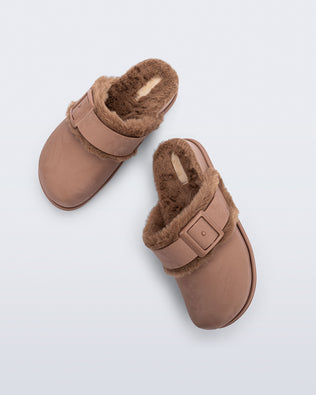 Top view of a pair of brown Cozy Warm Clogs with fuzzy insoles