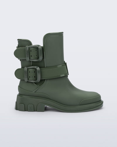 Side view of a green Bang Boot with two side buckles