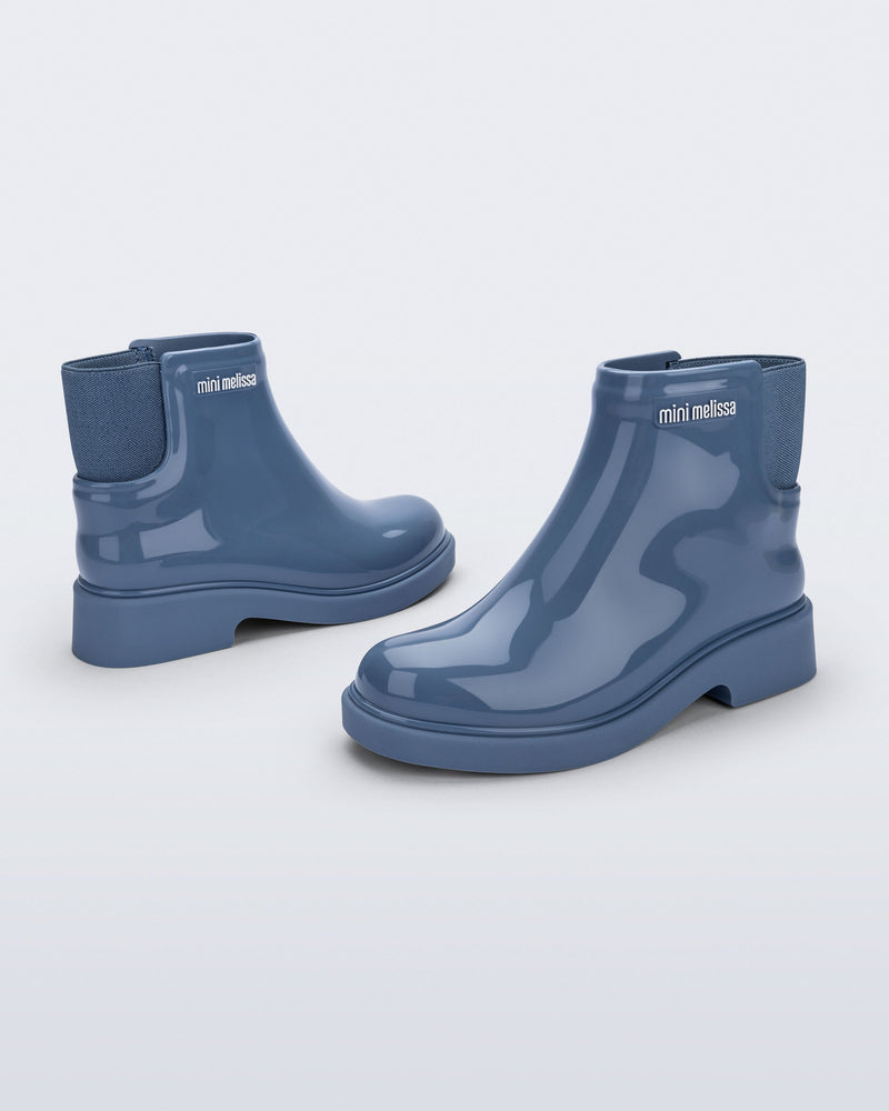 Back and side view of a pair of blue Chelsea II kids boots