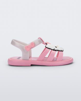 Side and top view of a pair of pink Hip + Hello Kitty and Friends sandals with white ankle straps and Hello Kitty on upper