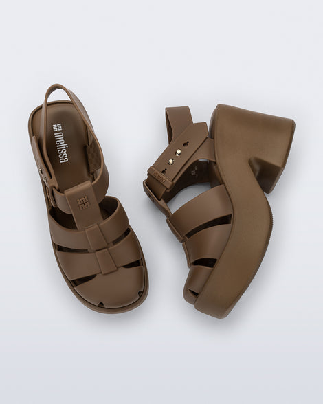 Top and side view of a pair of brown Lulu platform sandals