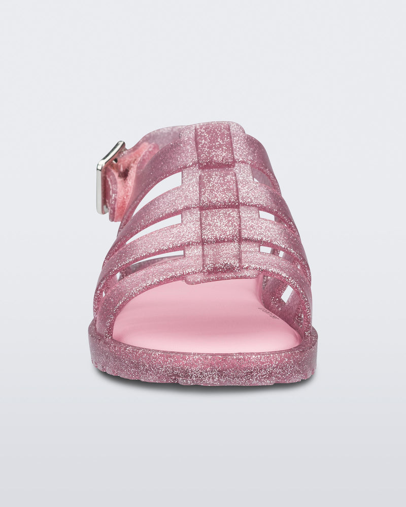 Back view of a pink/glitter silver Flox baby sandal