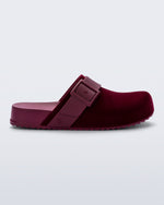 Side view of a red Cozy Clog Velvet slides