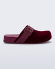 Side view of a red Cozy Clog Velvet slides