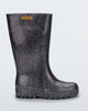 Side view of a black glitter Welly rainboot