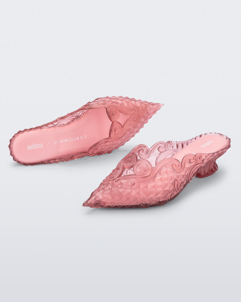 Top and angled view of a pink Court Shoe + Y/Project mule kid heels