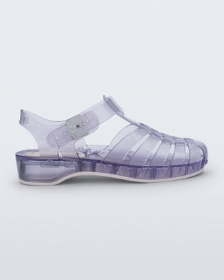 Side view of a clear Possession Pescura + Scholl fisherman sandal with white bottom sole