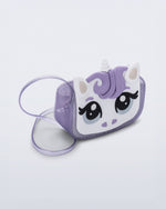Angled view of a lilac glitter Dreamy Unicorn kids bag with a unicorn face on front with lilac hair