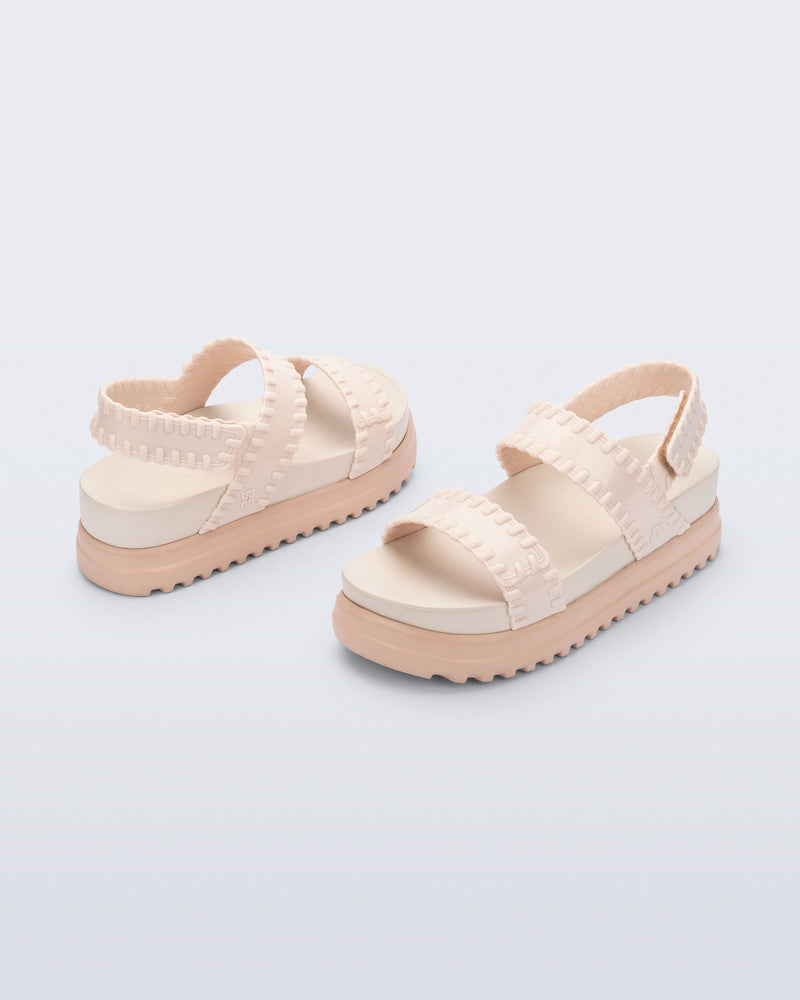 Back and angled view of a pair of beige Dune Platform Sandals with faux stitching on the straps