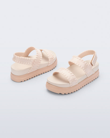 Back and angled view of a pair of beige Dune Platform Sandals with faux stitching on the straps