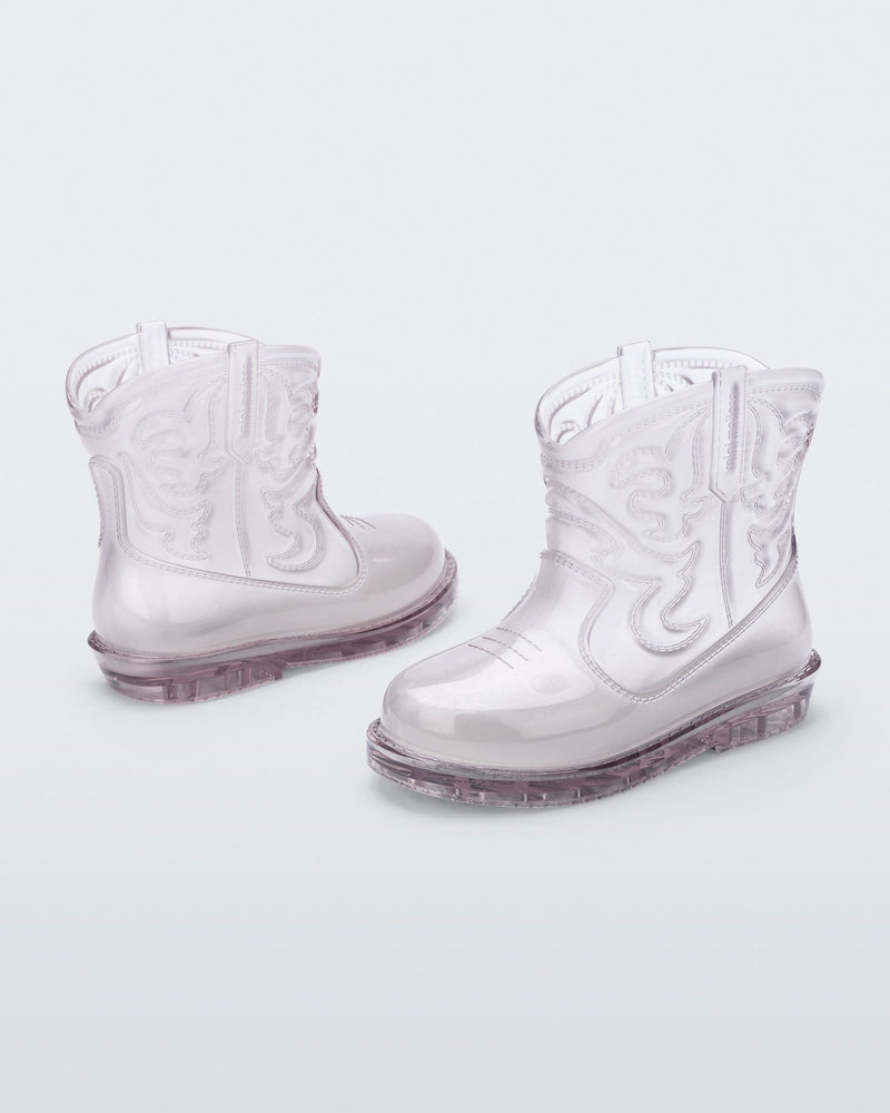 Back and side view of a pair of clear Texas baby boots