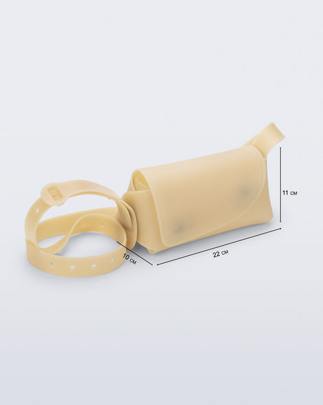 Angled view of a beige Cross Bag with adjustable strap and bag measurements of 22cm x 10xm x 11cm