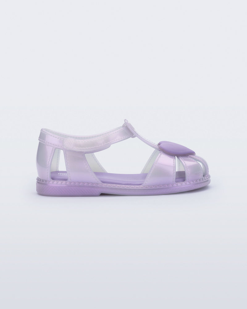 Side view of a lilac Hip Heart Ballerina baby sandal with  heart on front