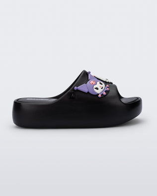 Side view of a black Free Platform slides + Hello Kitty and Friends kids sandals with Hello Kitty and Friends on upper