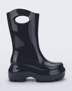 Side view of a grey Ultra platform rain Boot with circle cutout on top