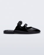Side view of a black Anastasia mule slide with upper straps