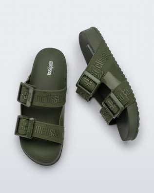Top and side view of a pair of green Cozy M Love adult slides