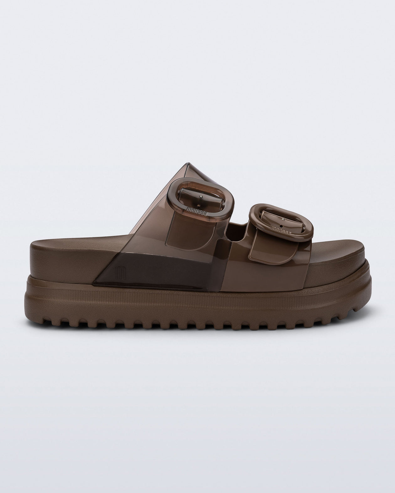 Side view of a brown Cozy Platform slide sandal with two buckle straps.