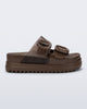 Side view of a brown Cozy Platform slide sandal with two buckle straps.