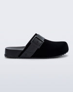 Side view of a black Cozy Clog Velvet slides