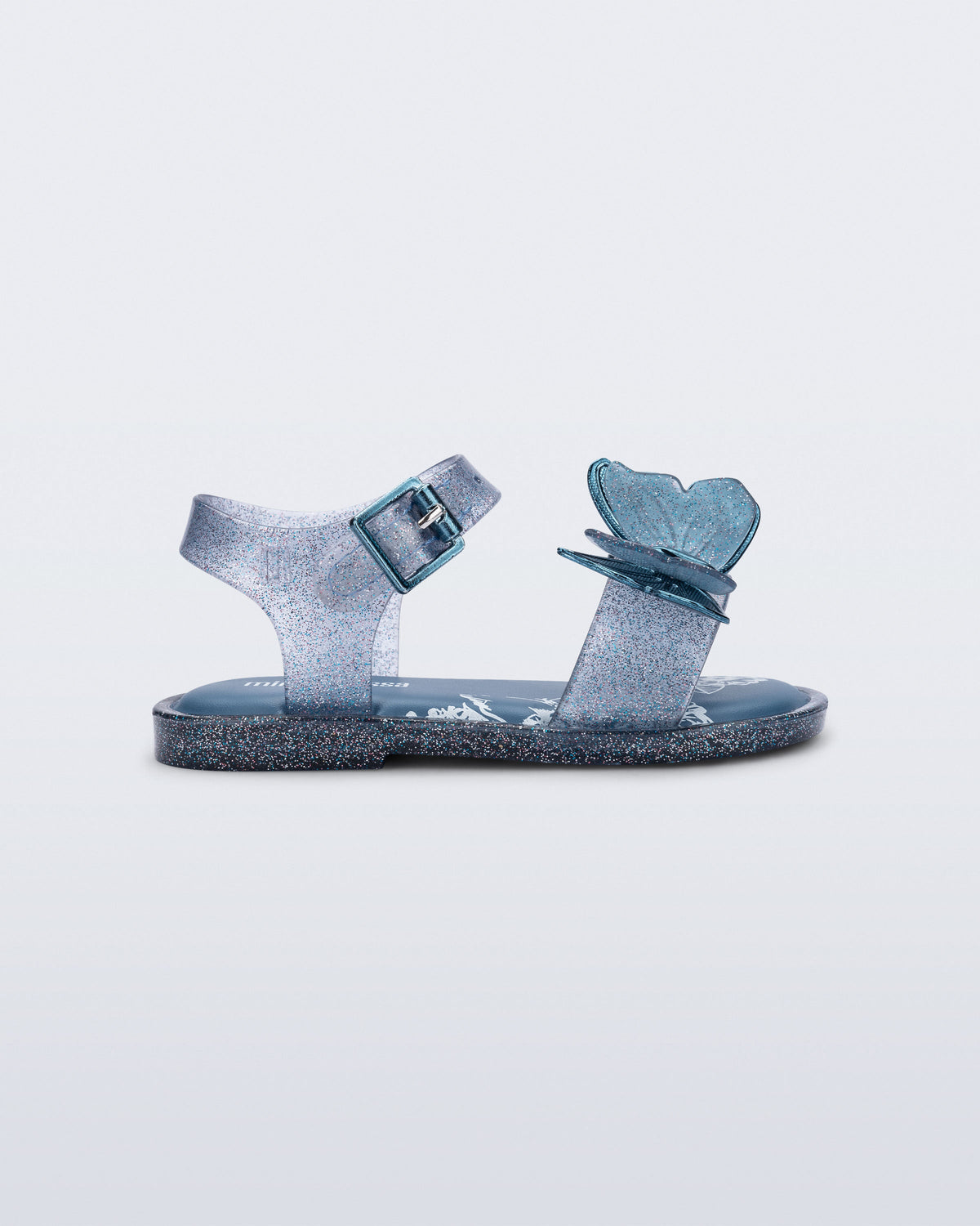 Side view of a glitter blue baby Butterfly Sandals with blue butterfly