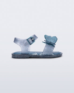 Side view of a glitter blue baby Butterfly Sandals with blue butterfly